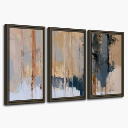 Vertical strokes of cream, blue and ochre suggesting a quiet woodland 3 piece framed canvas wall art on a white background