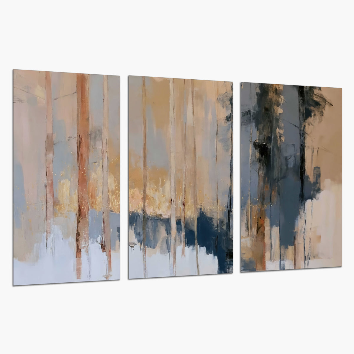 Vertical strokes of cream, blue and ochre suggesting a quiet woodland set of 3 poster prints on a white background