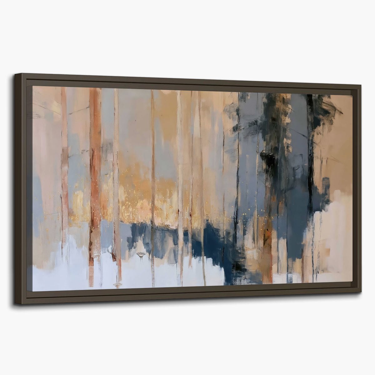 Vertical strokes of cream, blue and ochre suggesting a quiet woodland single framed canvas wall art on a white background