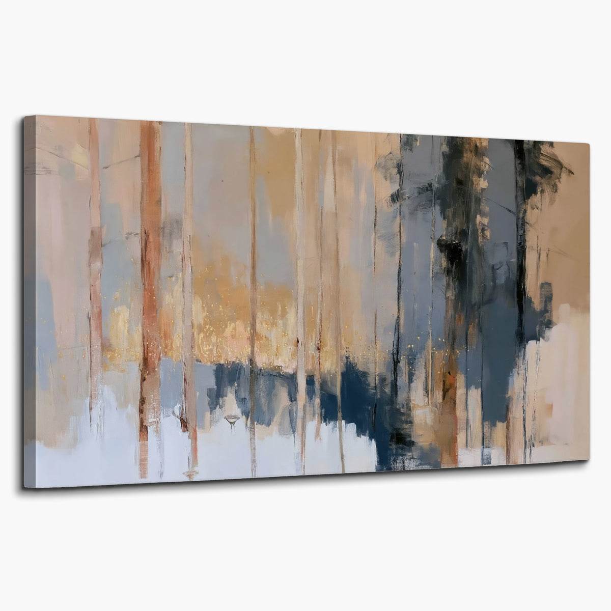 Vertical strokes of cream, blue and ochre suggesting a quiet woodland single canvas wall art on a white background