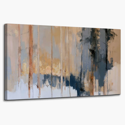 Vertical strokes of cream, blue and ochre suggesting a quiet woodland single canvas wall art on a white background
