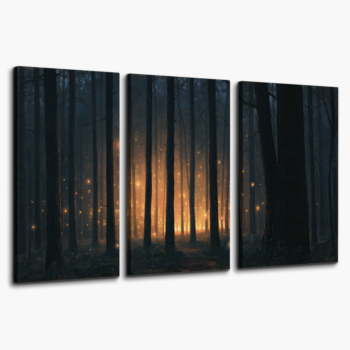 A warm amber glow shining between closely spaced dark forest trunks 3 piece canvas wall art on a white background
