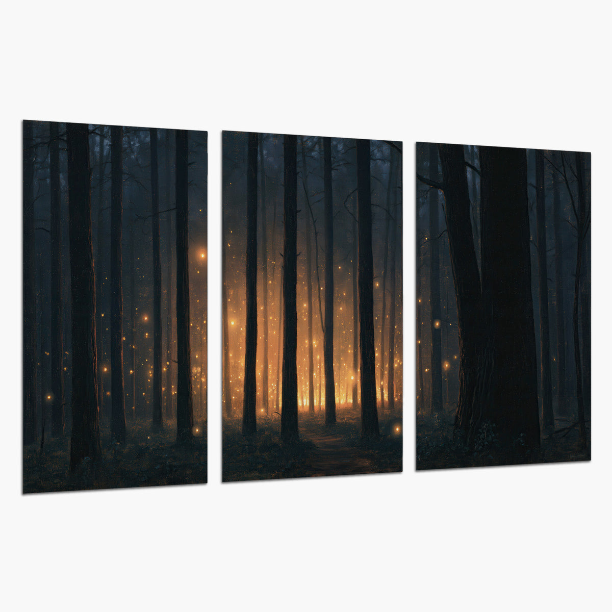 A warm amber glow shining between closely spaced dark forest trunks set of 3 poster prints on a white background