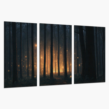 A warm amber glow shining between closely spaced dark forest trunks set of 3 poster prints on a white background