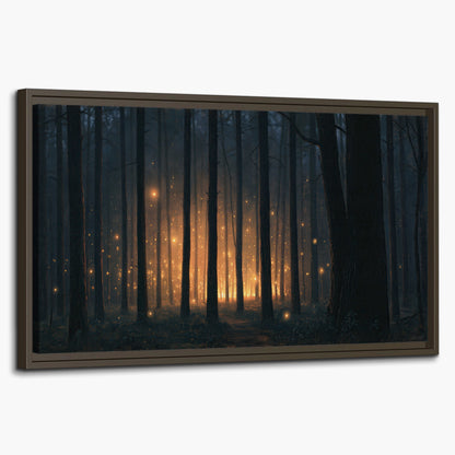 A warm amber glow shining between closely spaced dark forest trunks single framed canvas wall art on a white background