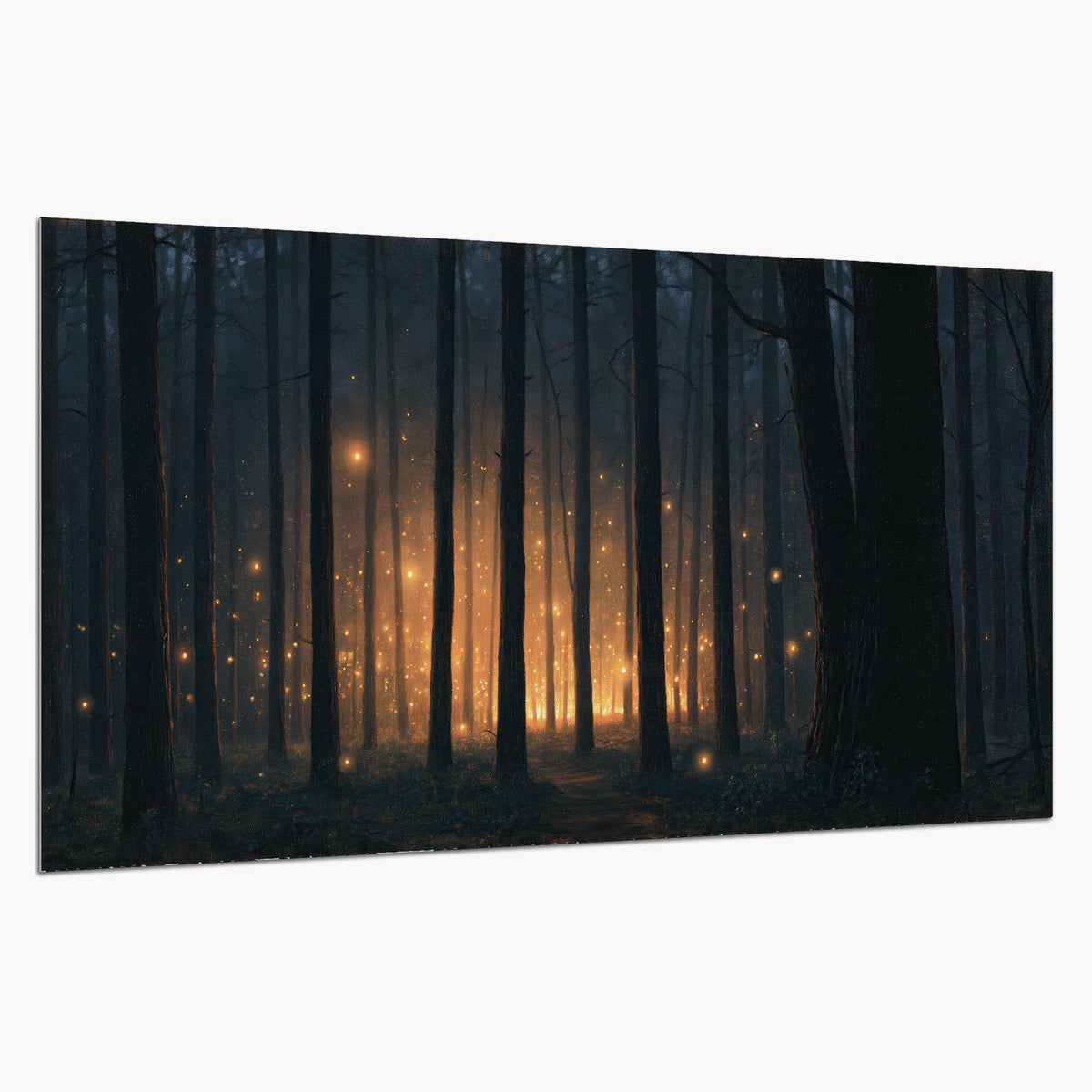 A warm amber glow shining between closely spaced dark forest trunks single poster print on a white background