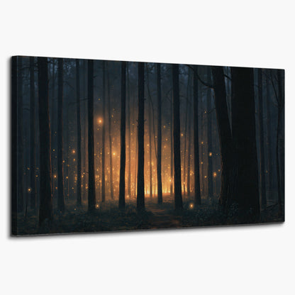 A warm amber glow shining between closely spaced dark forest trunks single canvas wall art on a white background