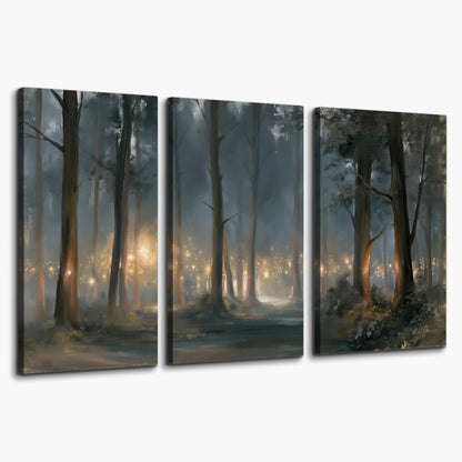 Soft warm light filtering through tall trees in a cool mist-covered forest 3 piece canvas wall art on a white background