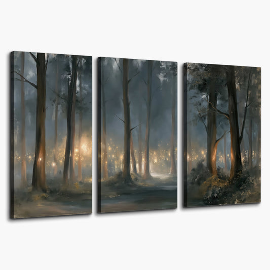 Soft warm light filtering through tall trees in a cool mist-covered forest 3 piece canvas wall art on a white background