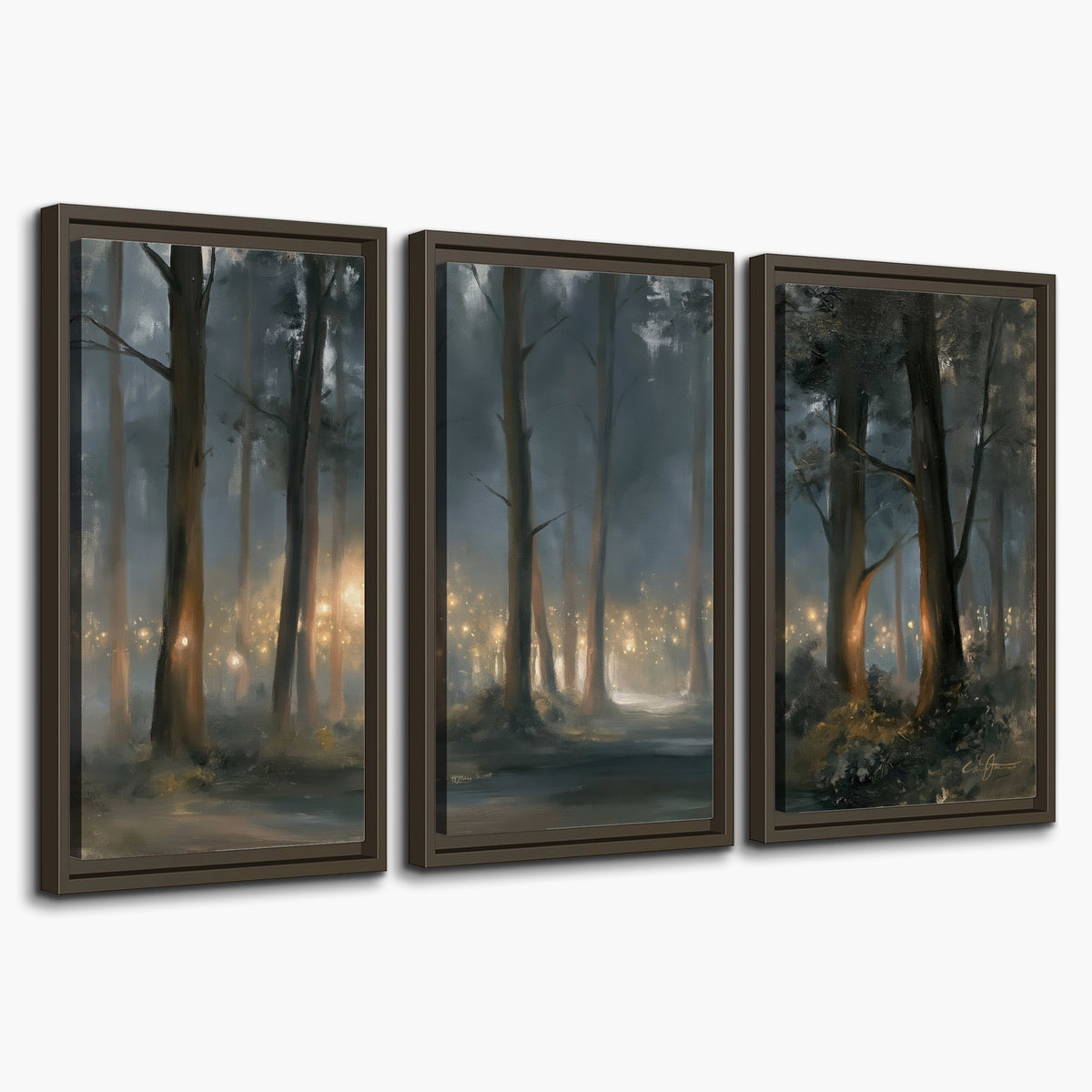 Soft warm light filtering through tall trees in a cool mist-covered forest 3 piece framed canvas wall art on a white background