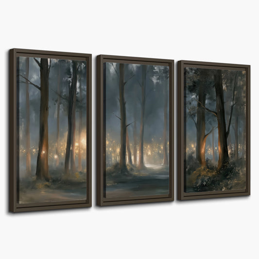 Soft warm light filtering through tall trees in a cool mist-covered forest 3 piece framed canvas wall art on a white background