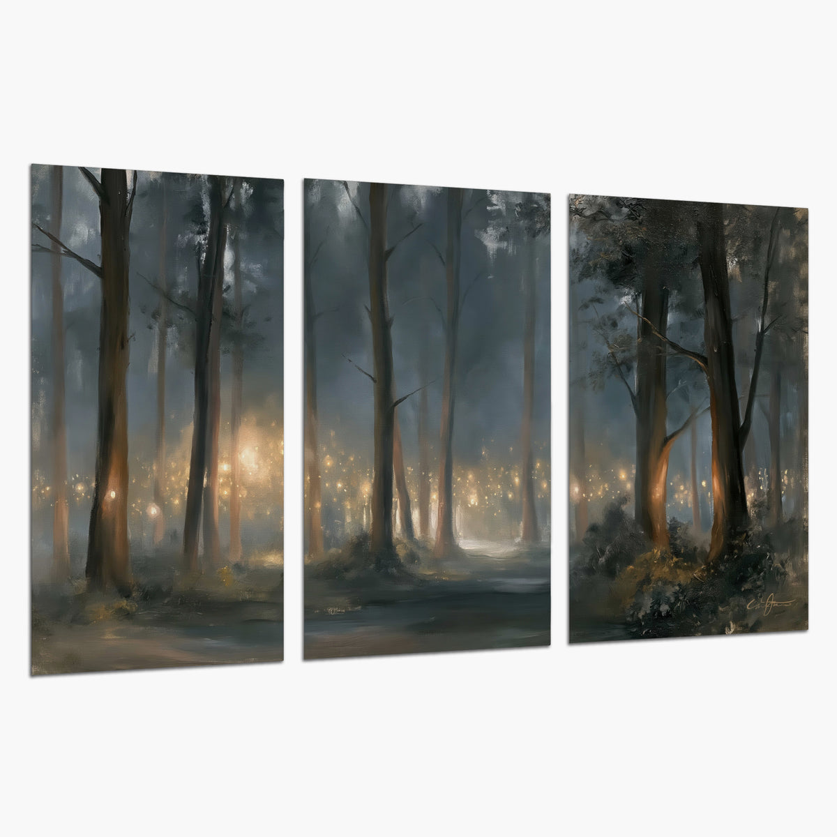 Soft warm light filtering through tall trees in a cool mist-covered forest set of 3 poster prints on a white background