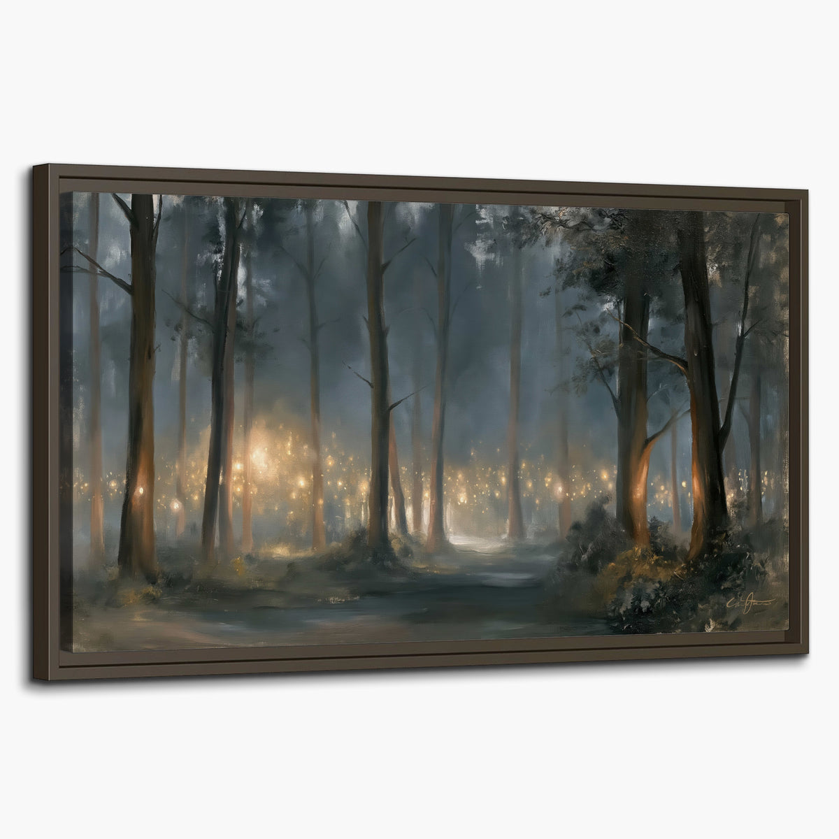 Soft warm light filtering through tall trees in a cool mist-covered forest single framed canvas wall art on a white background