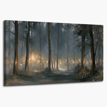 Soft warm light filtering through tall trees in a cool mist-covered forest single canvas wall art on a white background