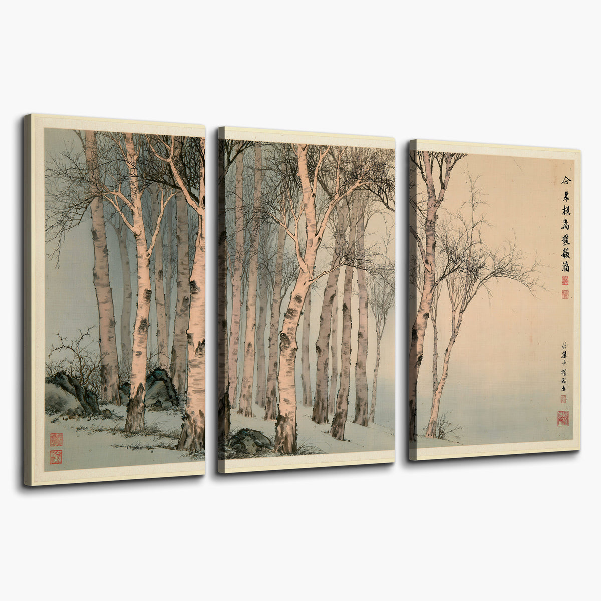 Slender pale birches in a muted woodland scene with decorative script 3 piece canvas wall art on a white background