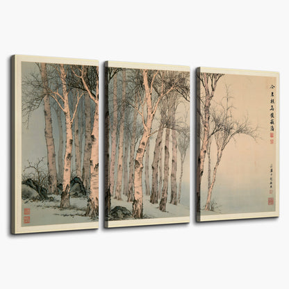 Slender pale birches in a muted woodland scene with decorative script 3 piece canvas wall art on a white background