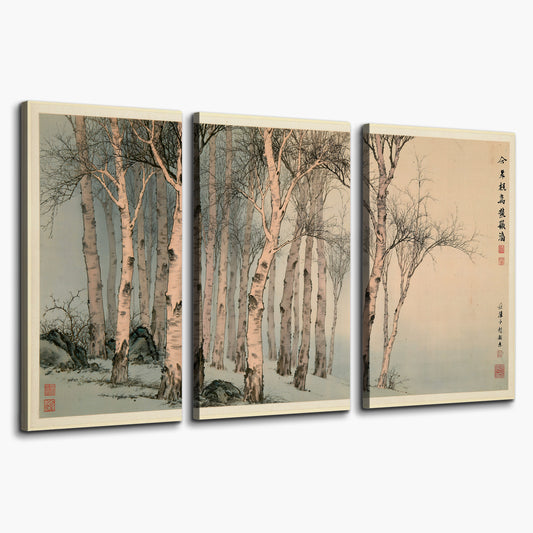 Slender pale birches in a muted woodland scene with decorative script 3 piece canvas wall art on a white background