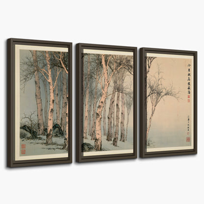 Slender pale birches in a muted woodland scene with decorative script 3 piece framed canvas wall art on a white background