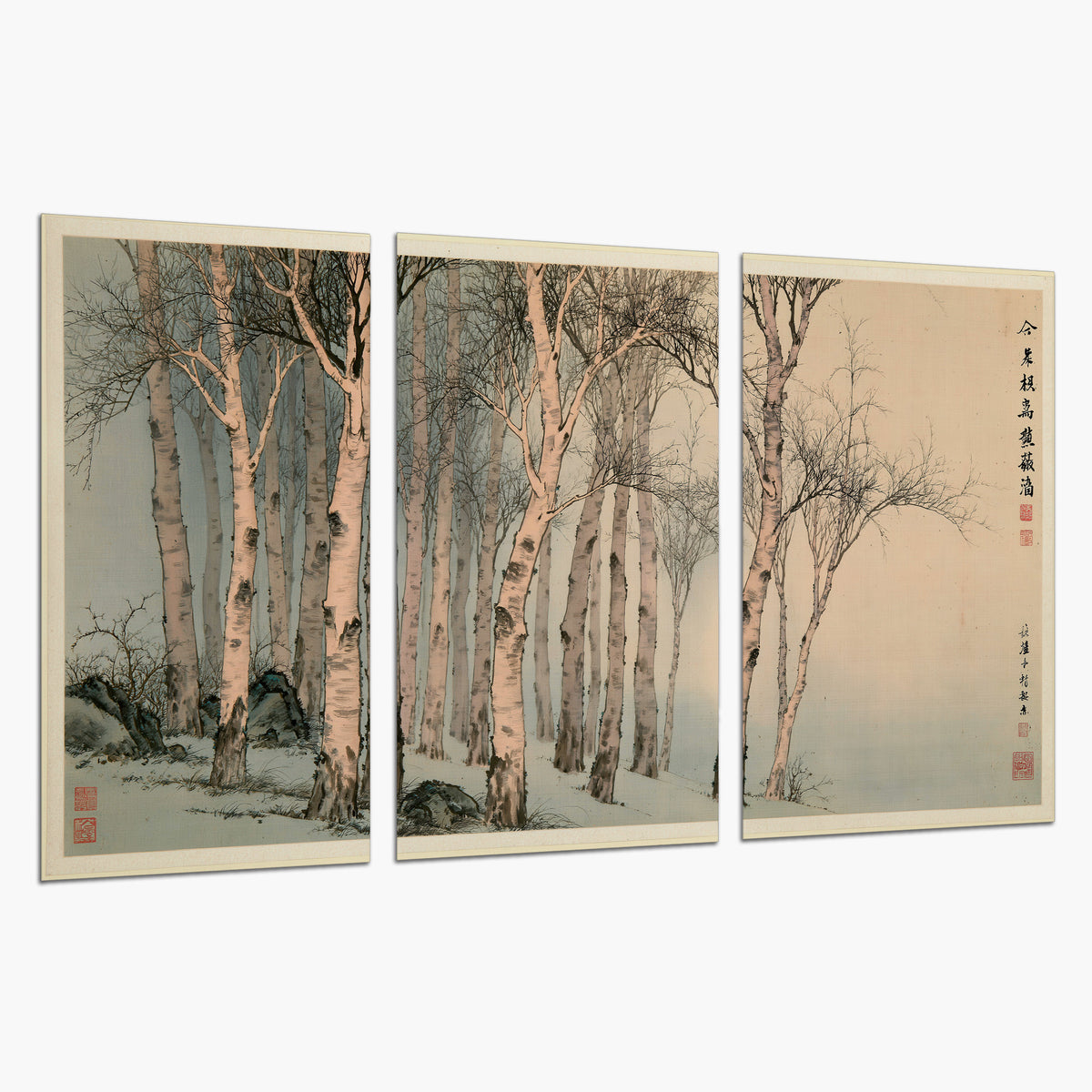 Slender pale birches in a muted woodland scene with decorative script set of 3 poster prints on a white background