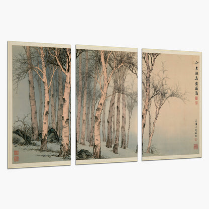 Slender pale birches in a muted woodland scene with decorative script set of 3 poster prints on a white background