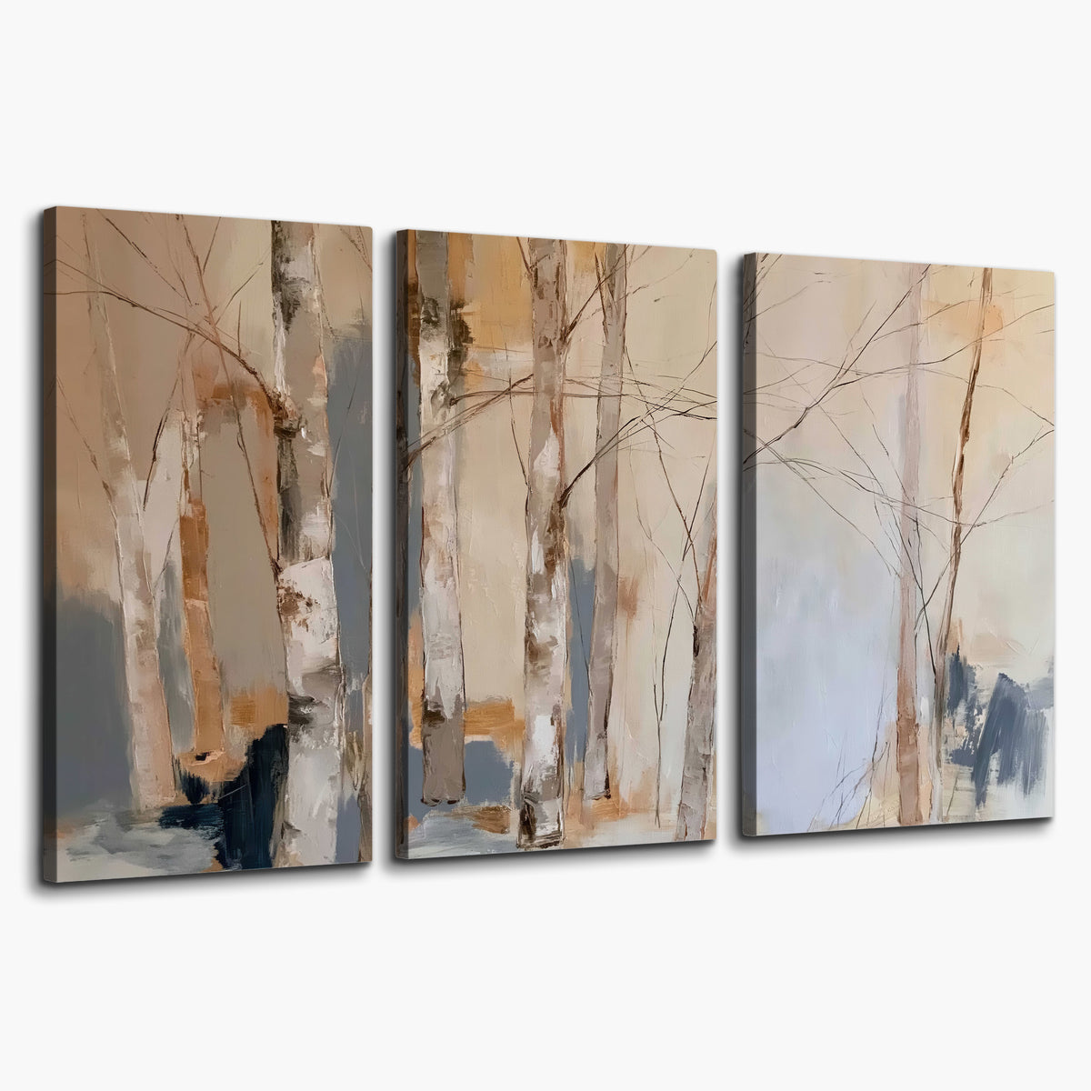 Loose pale blue, peach and cream strokes suggesting a stand of birch trees 3 piece canvas wall art on a white background