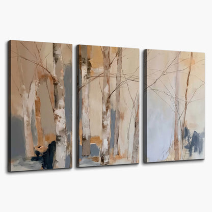 Loose pale blue, peach and cream strokes suggesting a stand of birch trees 3 piece canvas wall art on a white background