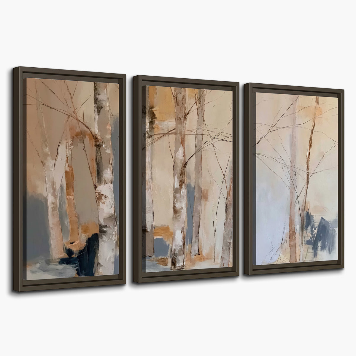 Loose pale blue, peach and cream strokes suggesting a stand of birch trees 3 piece framed canvas wall art on a white background