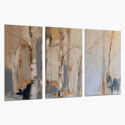 Loose pale blue, peach and cream strokes suggesting a stand of birch trees set of 3 poster prints on a white background