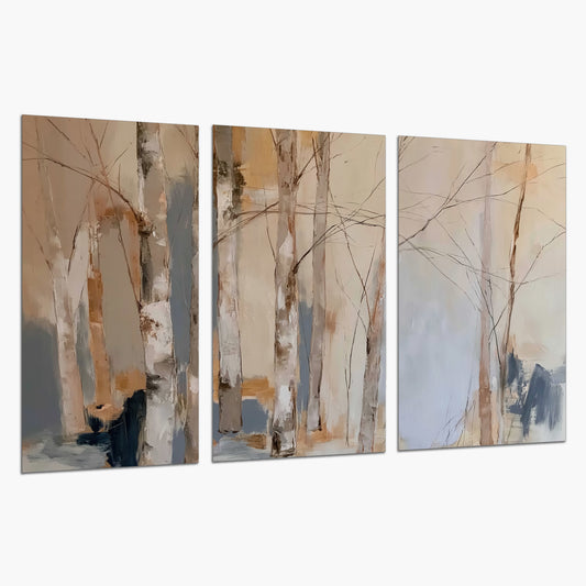 Loose pale blue, peach and cream strokes suggesting a stand of birch trees set of 3 poster prints on a white background