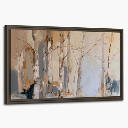 Loose pale blue, peach and cream strokes suggesting a stand of birch trees single framed canvas wall art on a white background