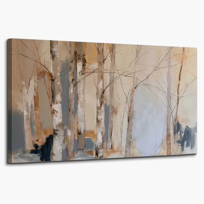Loose pale blue, peach and cream strokes suggesting a stand of birch trees single canvas wall art on a white background