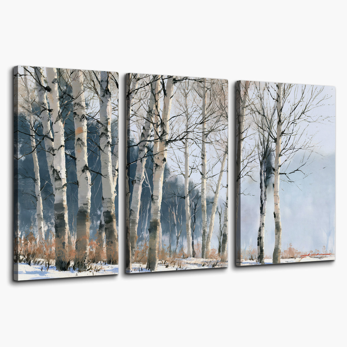A line of bare birch trees against a cool blue-gray sky 3 piece canvas wall art on a white background