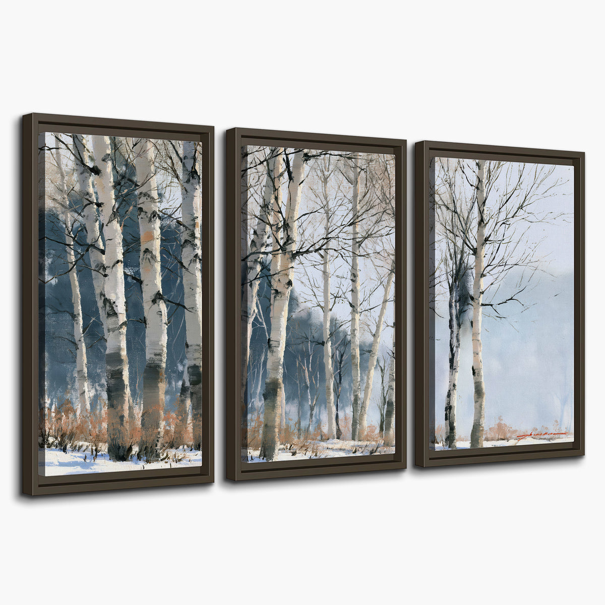 A line of bare birch trees against a cool blue-gray sky 3 piece framed canvas wall art on a white background