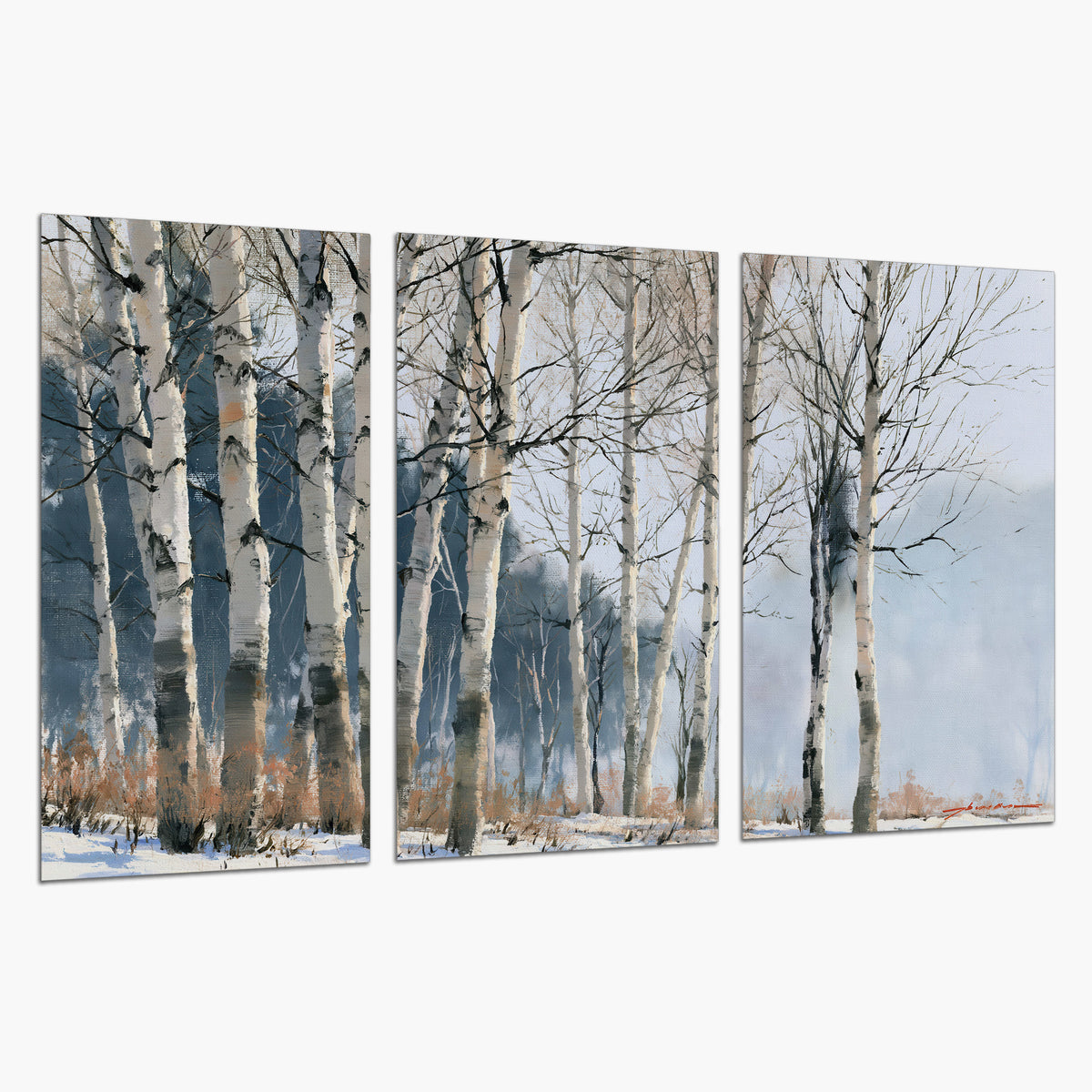 A line of bare birch trees against a cool blue-gray sky set of 3 poster prints on a white background