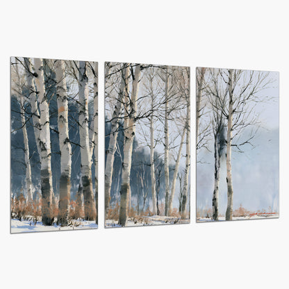 A line of bare birch trees against a cool blue-gray sky set of 3 poster prints on a white background
