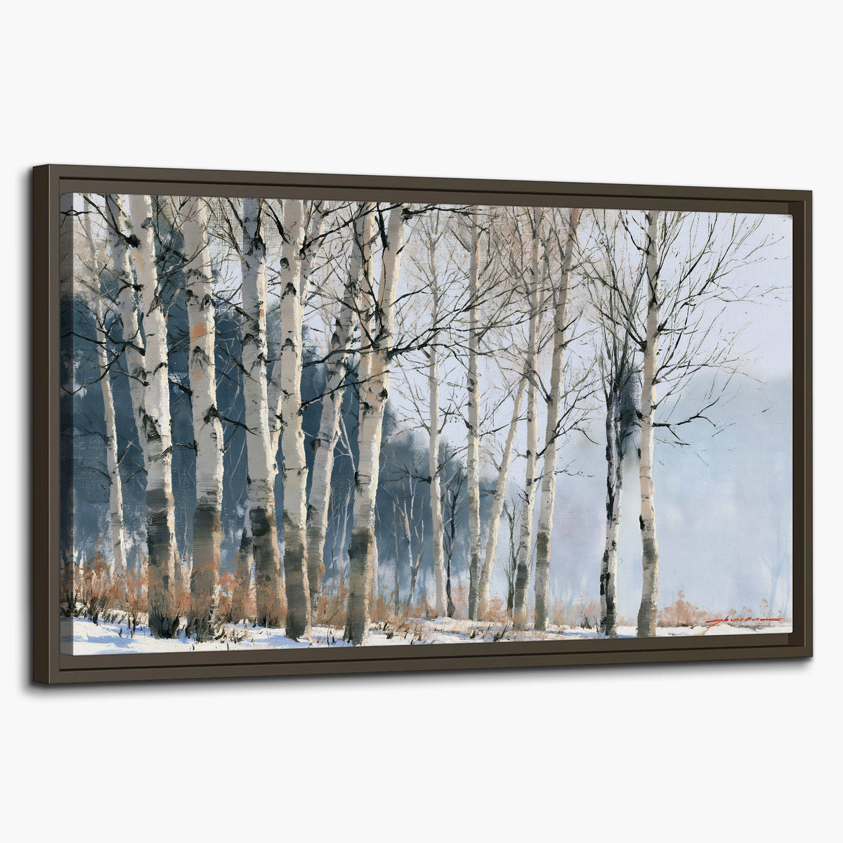 A line of bare birch trees against a cool blue-gray sky single framed canvas wall art on a white background