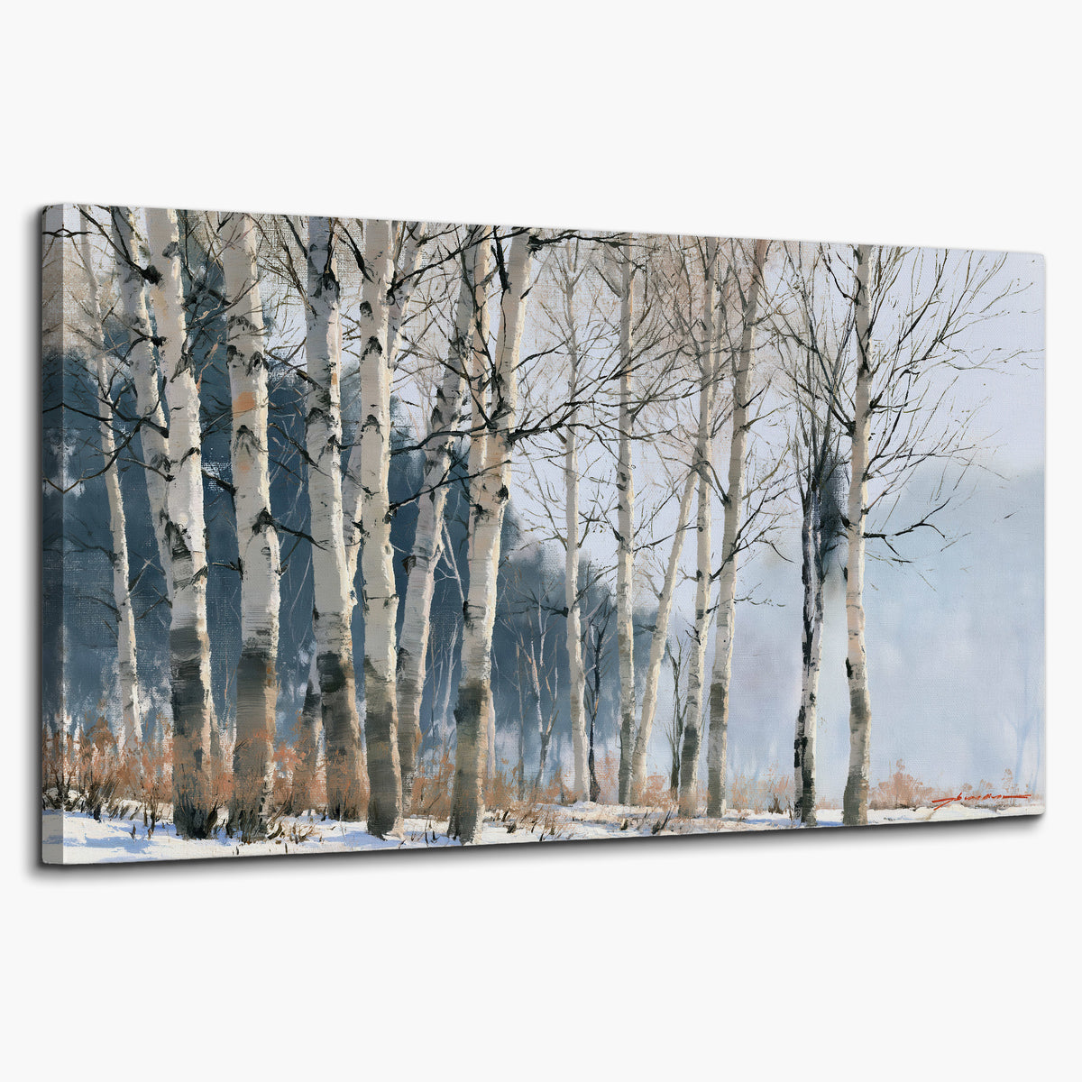 A line of bare birch trees against a cool blue-gray sky single canvas wall art on a white background