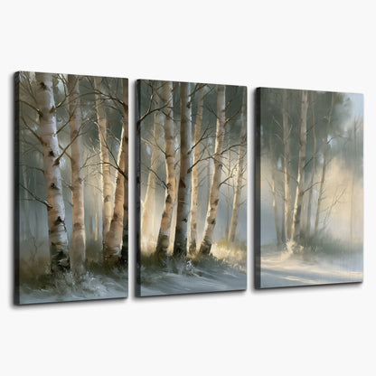 A softly lit woodland path winding between pale birch trunks 3 piece canvas wall art on a white background