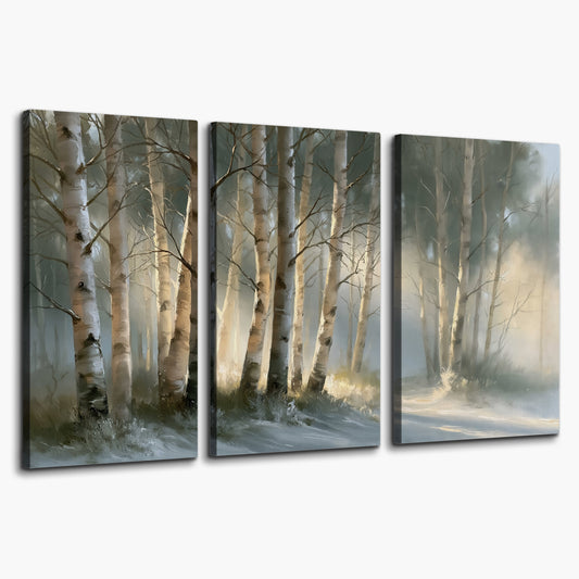 A softly lit woodland path winding between pale birch trunks 3 piece canvas wall art on a white background