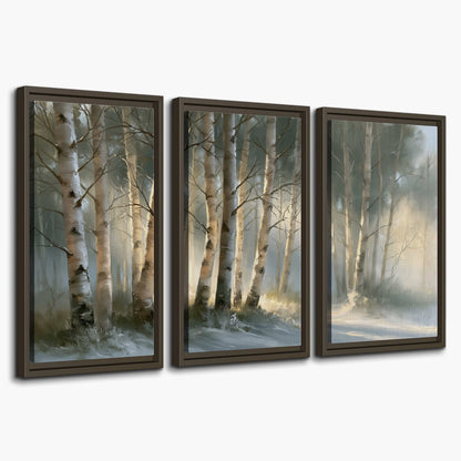 A softly lit woodland path winding between pale birch trunks 3 piece framed canvas wall art on a white background