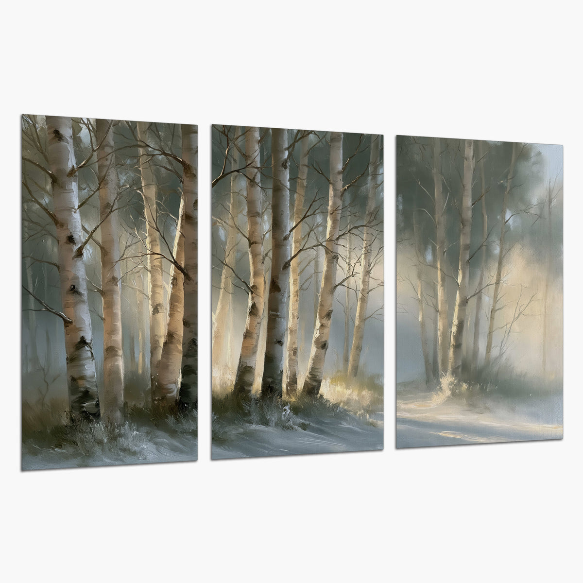 A softly lit woodland path winding between pale birch trunks set of 3 poster prints on a white background