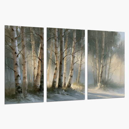 A softly lit woodland path winding between pale birch trunks set of 3 poster prints on a white background