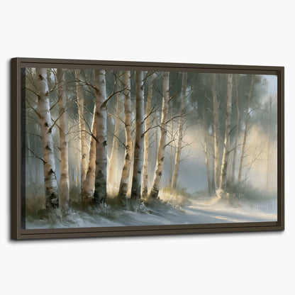 A softly lit woodland path winding between pale birch trunks single framed canvas wall art on a white background