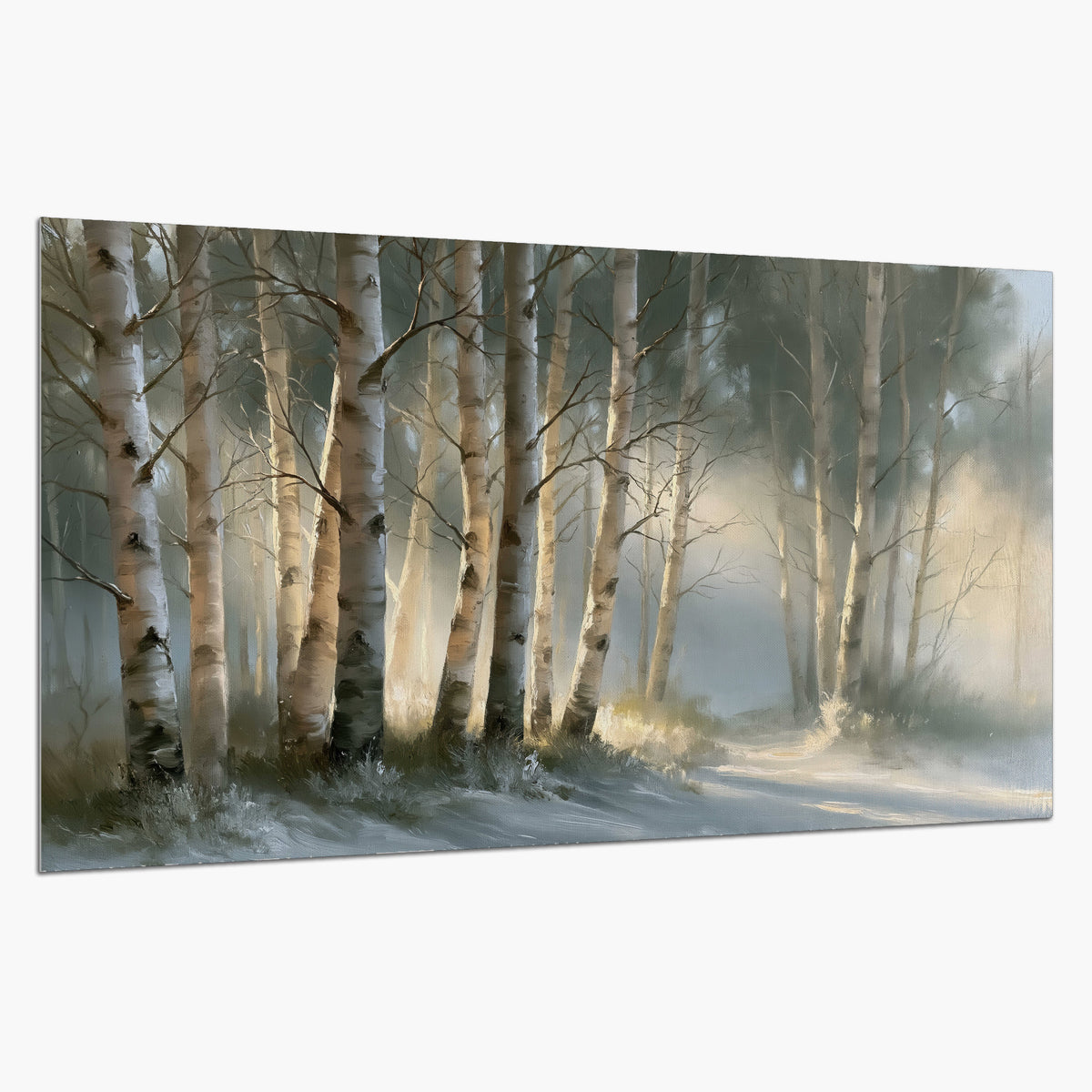 A softly lit woodland path winding between pale birch trunks single poster print on a white background