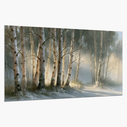 A softly lit woodland path winding between pale birch trunks single poster print on a white background