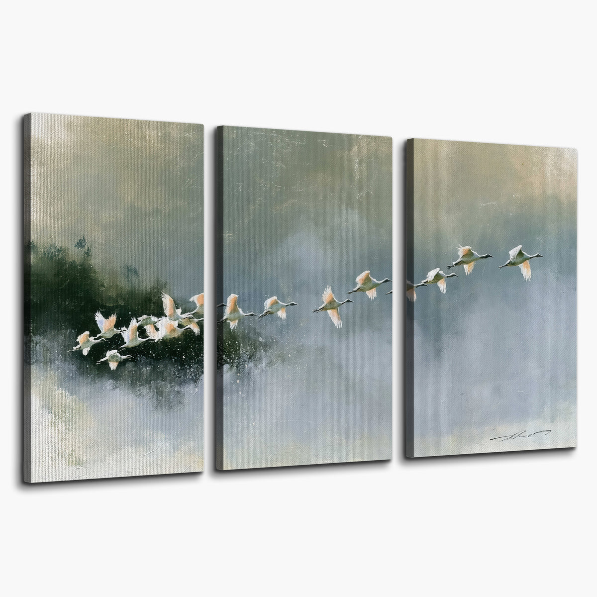 A flock of white birds flying low above a quiet blue-green lake 3 piece canvas wall art on a white background