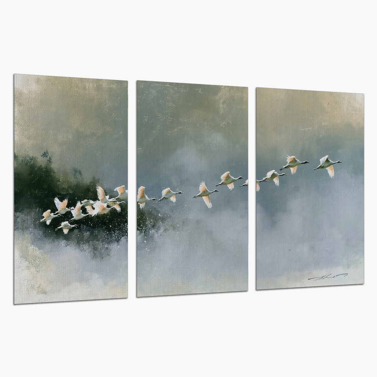 A flock of white birds flying low above a quiet blue-green lake set of 3 poster prints on a white background