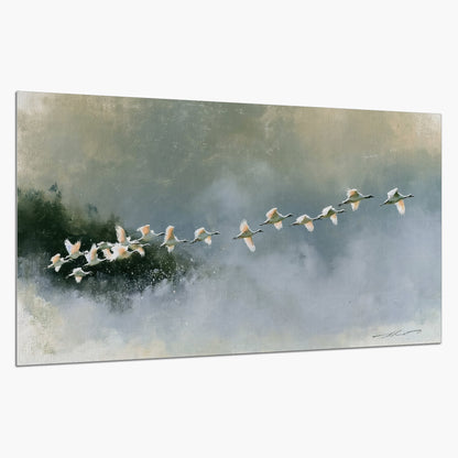 A flock of white birds flying low above a quiet blue-green lake single poster print on a white background