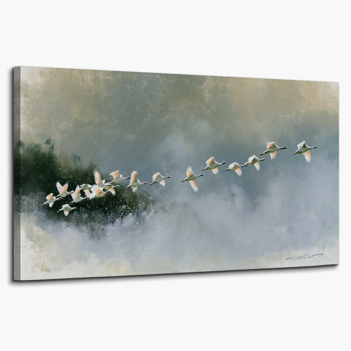 A flock of white birds flying low above a quiet blue-green lake single canvas wall art on a white background