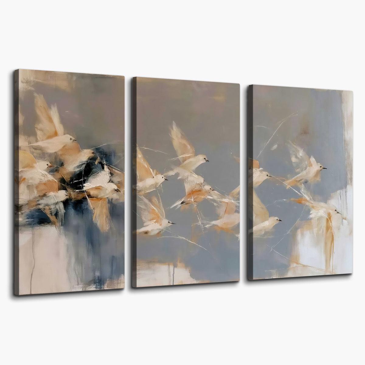 Pale bird-like forms sweeping across layered strokes of blue, ochre and cream 3 piece canvas wall art on a white background